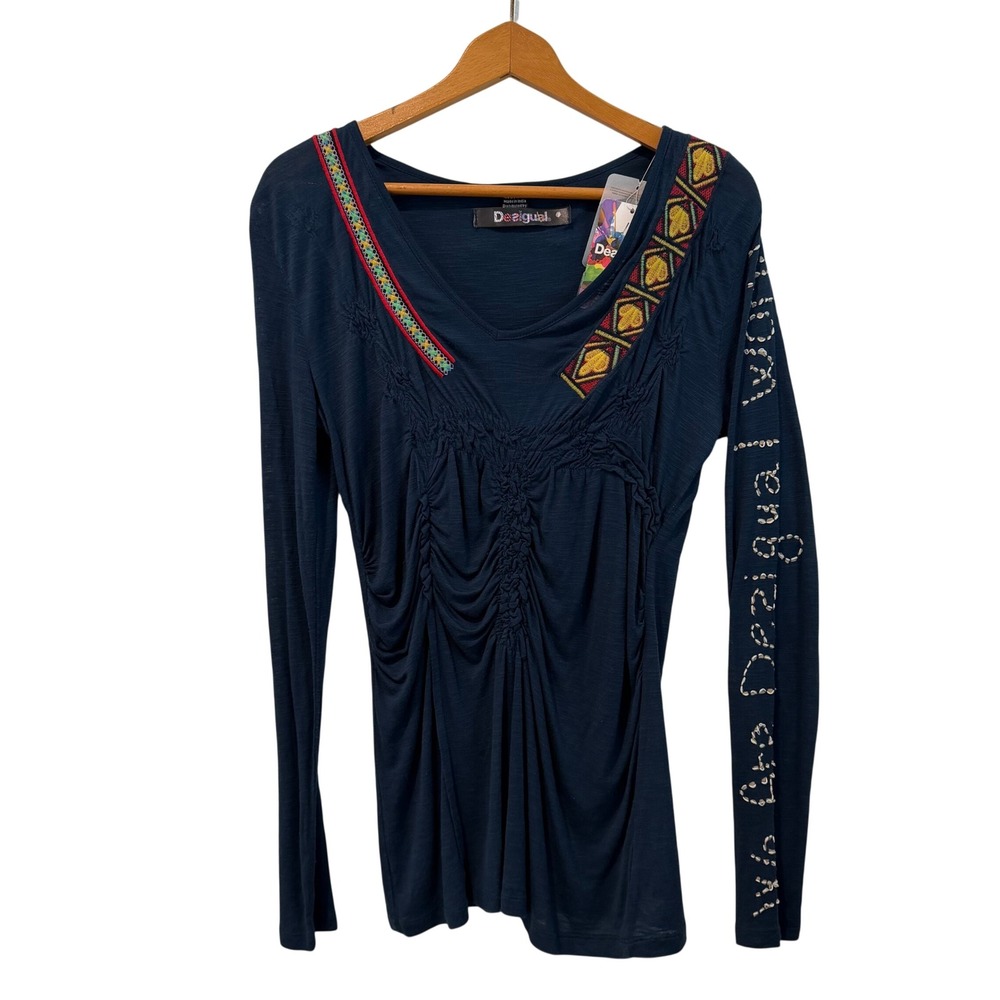 NWT‎ Desigual Navy Blue Embellished V-Neck Long Sleeve Tunic Top Women's Large